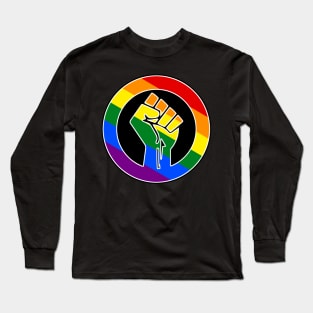 Black Lives Matter Fist Circled LGBTQ Flag Pride Rainbow Diagonal Long Sleeve T-Shirt